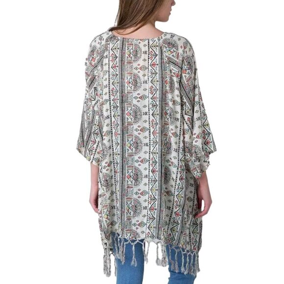 Billabong Kimono Cardigan Size S/M Salty Waves Geometric Aztec Print Fringe Boho - Picture 5 of 16